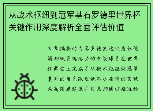 从战术枢纽到冠军基石罗德里世界杯关键作用深度解析全面评估价值 从战术枢纽到冠军基石罗德里世界杯关键作用深度解析全面评估价值